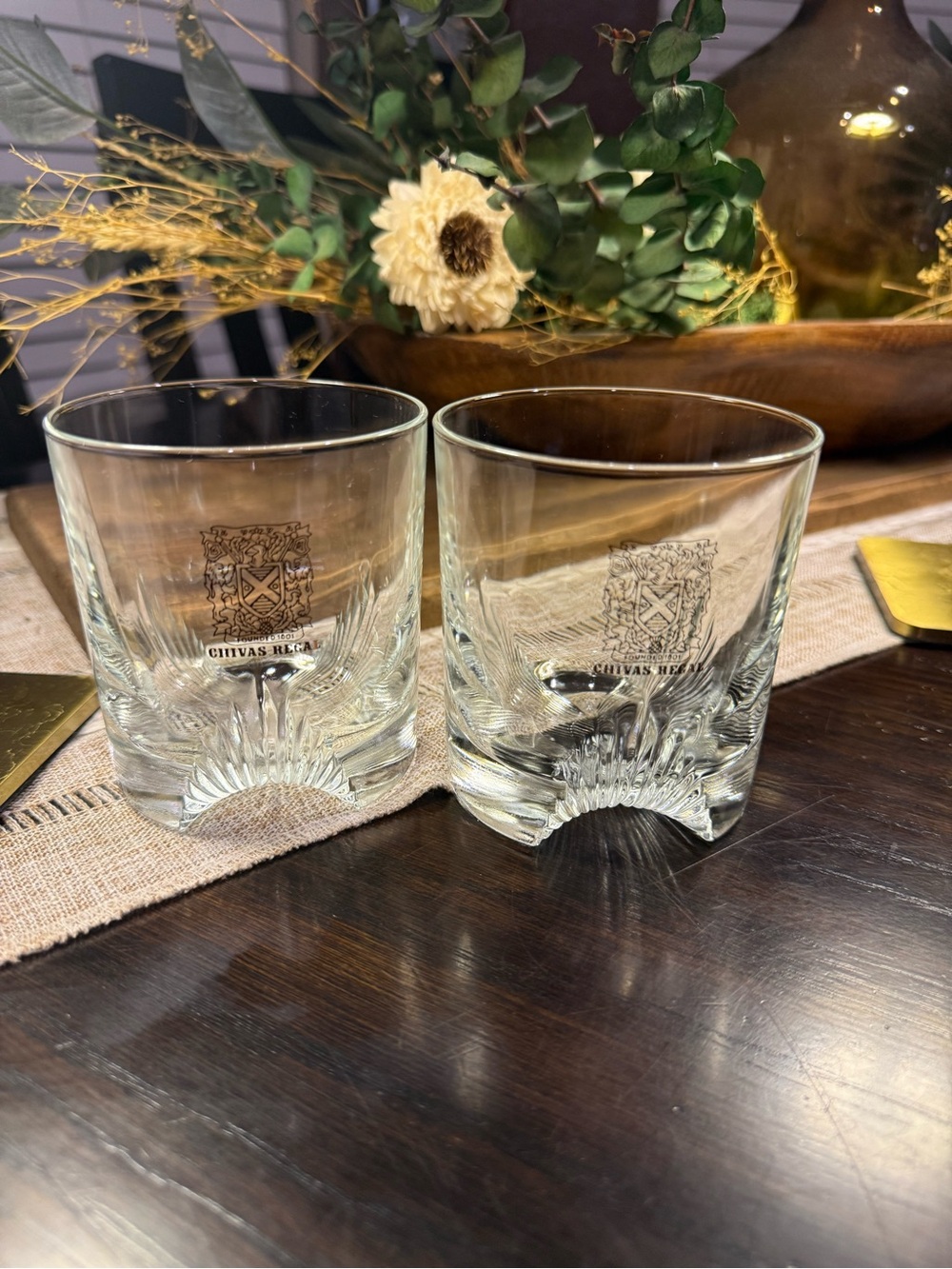 2 Chivas Regal Emblem Scotch Whisky Rocks Glasses w/Gold Logo & Cut Away Base